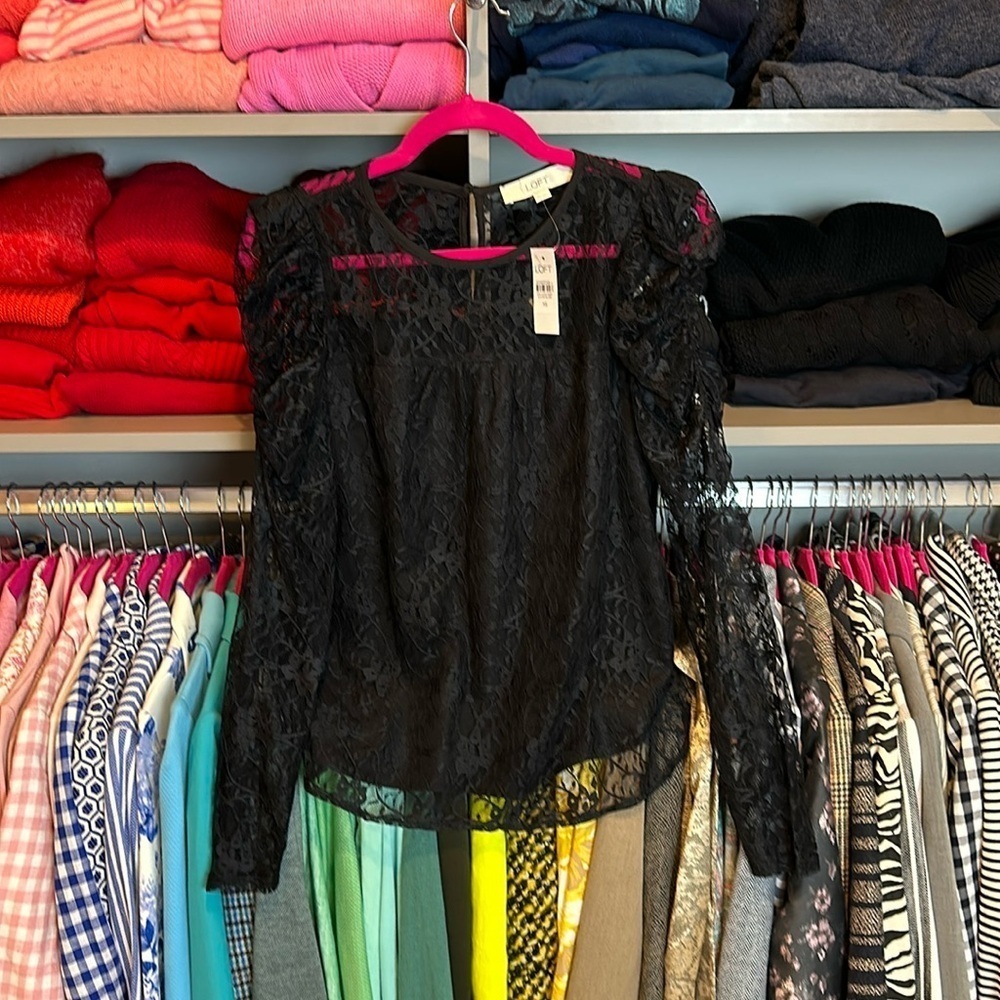 Loft black long sleeve lace blouse size XS NWT